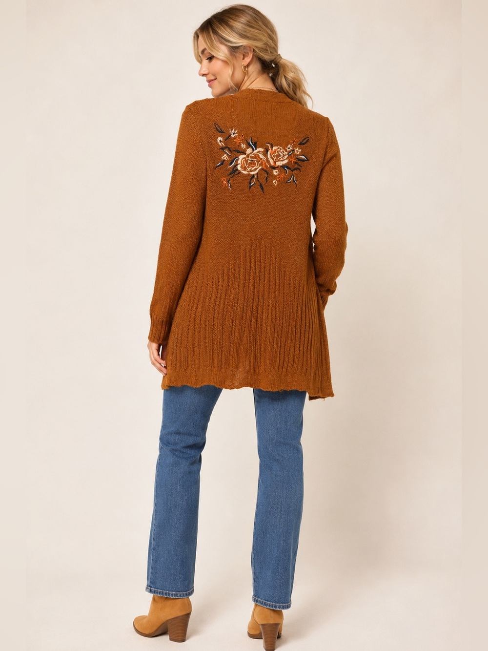 Mudd Brown Floral Embroidered Open Front Cardigan Small Longline Boho